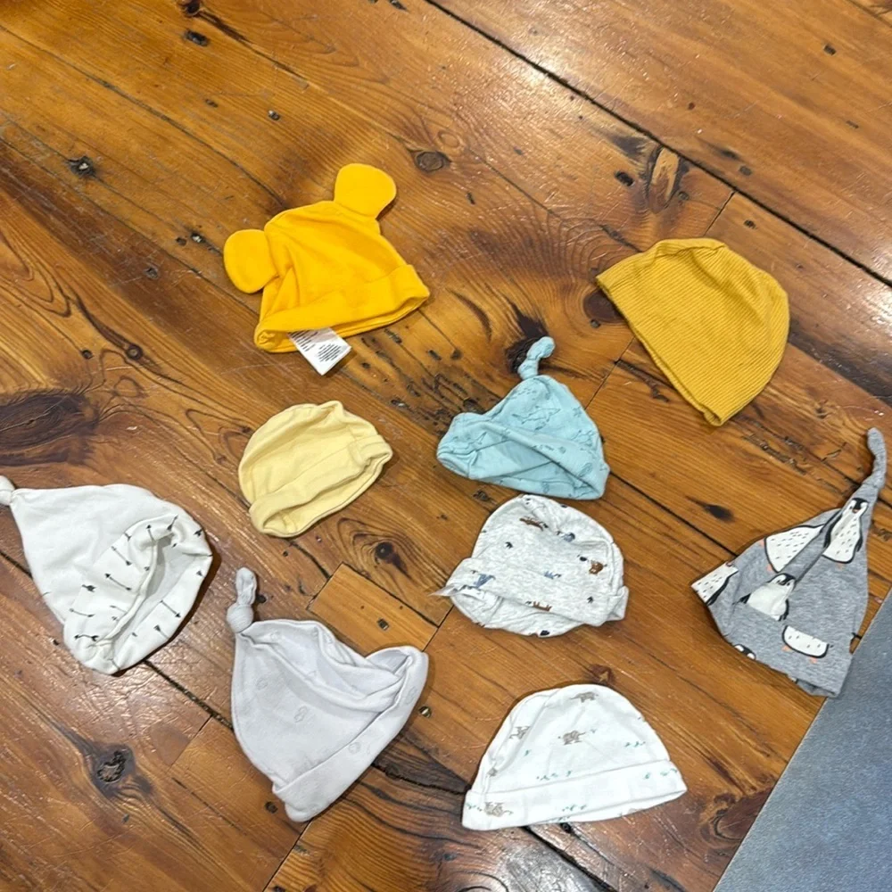 Baby boy hats set of bundle of 9 ranging in sizes 0-12 months